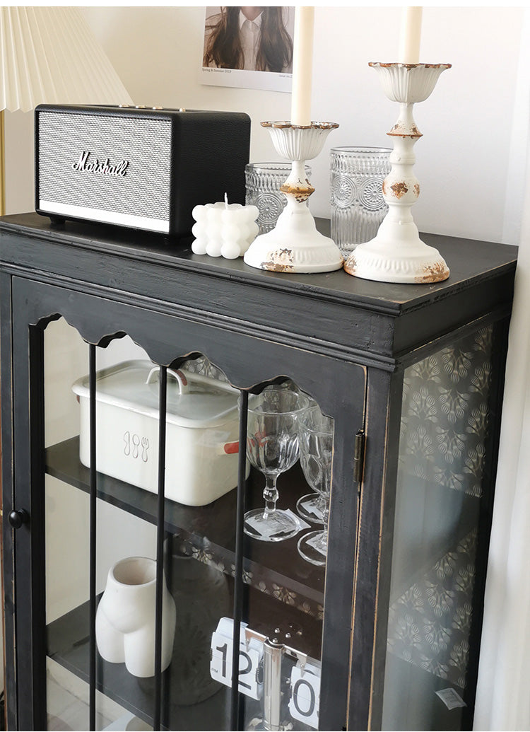 Rustic bucolic black wood and glass dining room Entrance Display Locker Dining-side cabinet