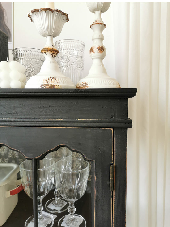 Rustic bucolic black wood and glass dining room Entrance Display Locker Dining-side cabinet