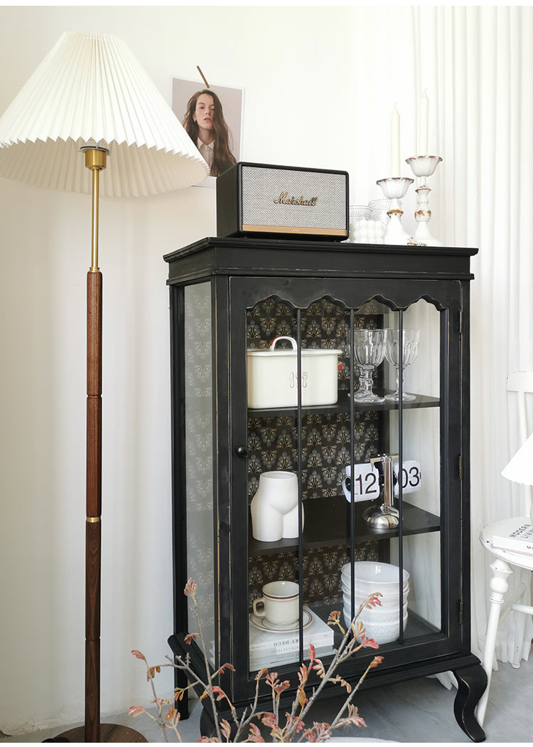 Rustic bucolic black wood and glass dining room Entrance Display Locker Dining-side cabinet