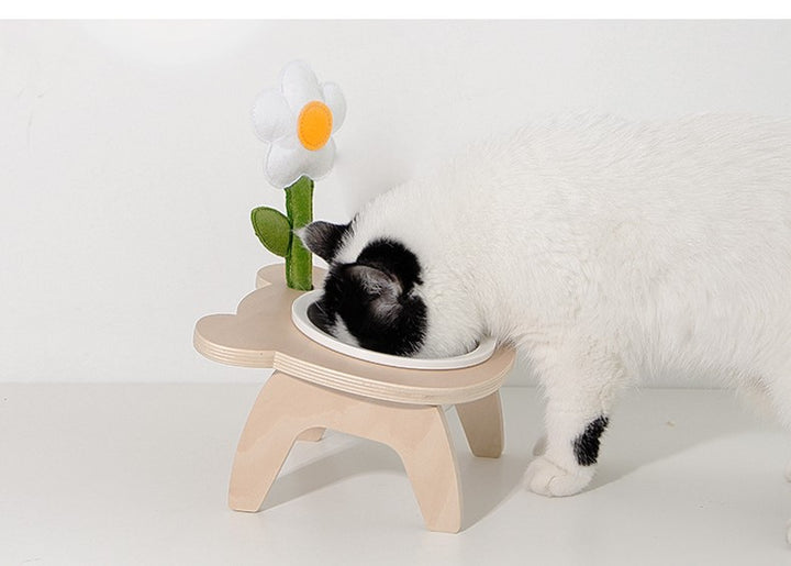 Wooden high foot tilt neck guard cute flower tree Ceramic cat and dog food bowl High appearance level pet supplies.