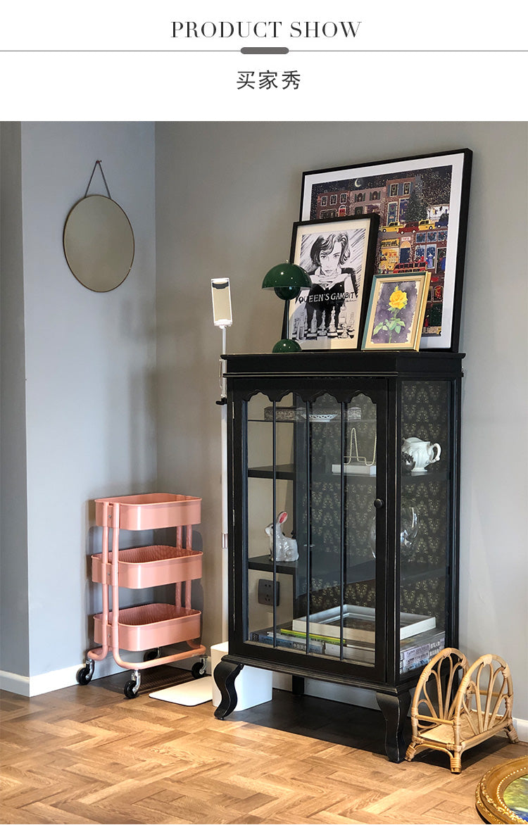 Rustic bucolic black wood and glass dining room Entrance Display Locker Dining-side cabinet