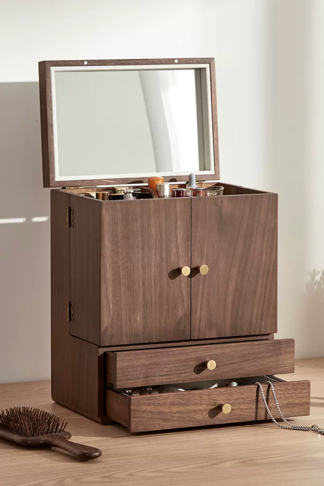 Walnut Cosmetic Storage Box Dressing Box with Mirror