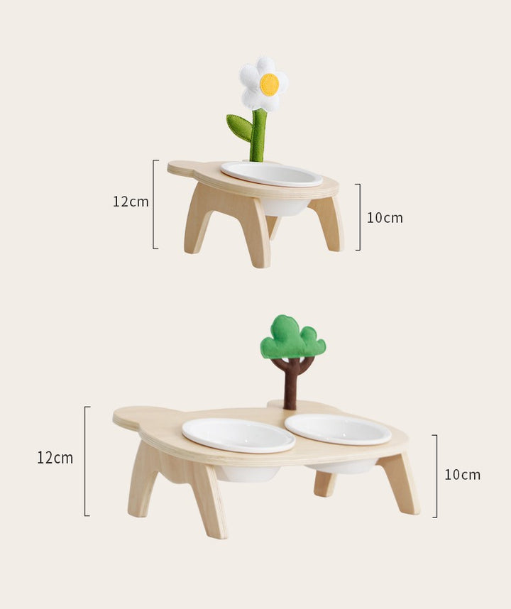 Wooden high foot tilt neck guard cute flower tree Ceramic cat and dog food bowl High appearance level pet supplies.