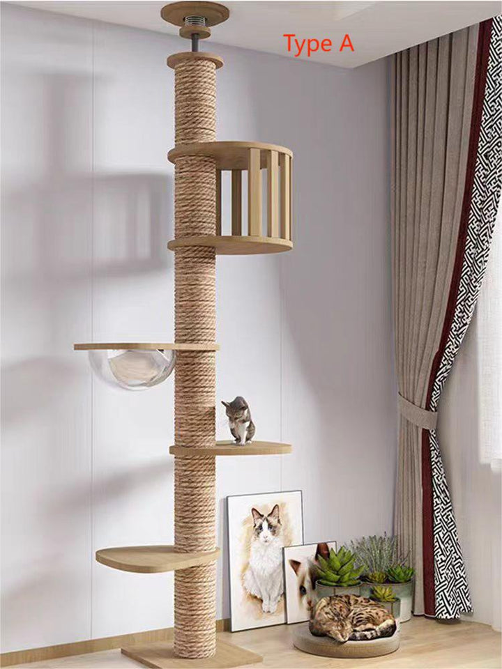 Solid Wood Cat Tower Pole Scratcher Condo