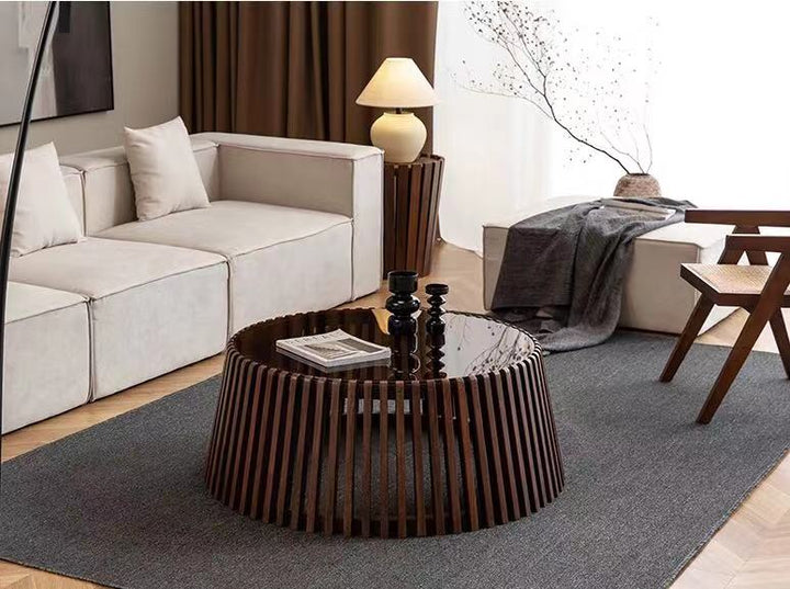 Glass Top Solid Wood Round Coffee Table