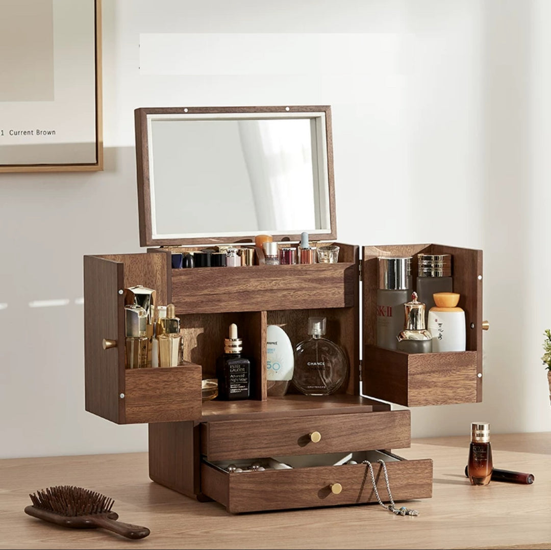 Walnut Cosmetic Storage Box Dressing Box with Mirror