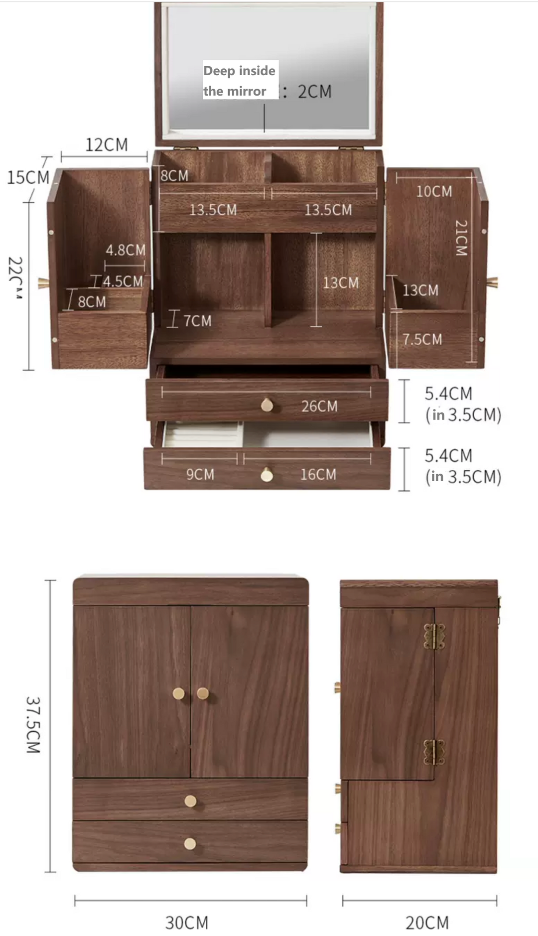 Walnut Cosmetic Storage Box Dressing Box with Mirror