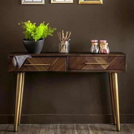 Golden Herringbone Solid Wood Hallway Console Table Sofa Desk