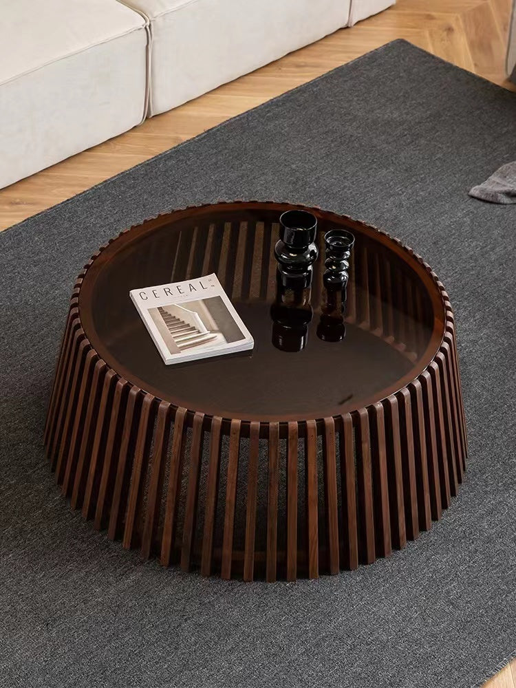 Glass Top Solid Wood Round Coffee Table