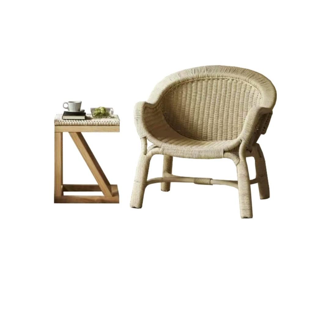 Rattan Bamboo Barrel Chair Side Table Set