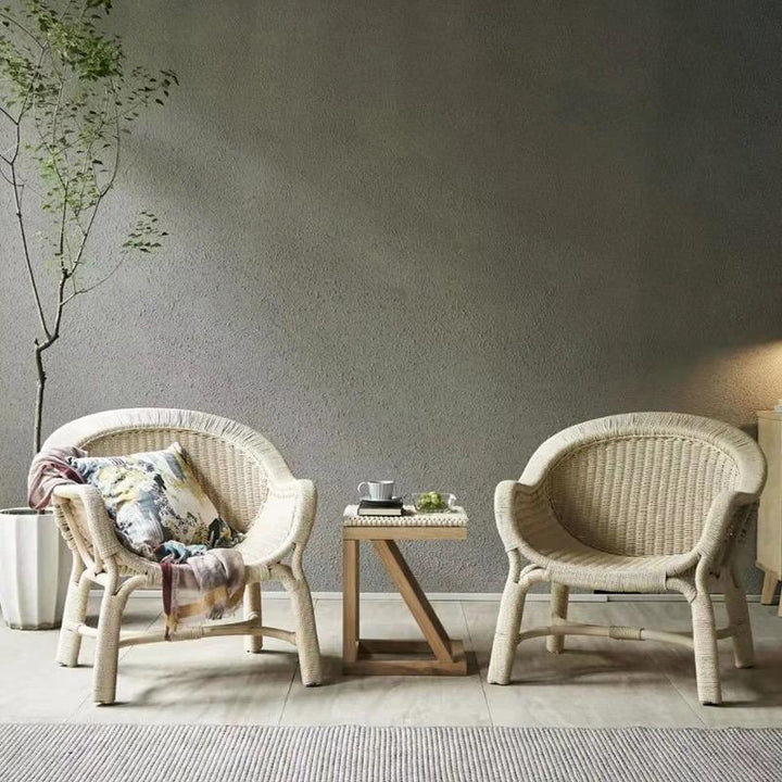 Rattan Bamboo Barrel Chair Side Table Set