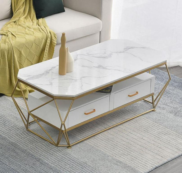 Coffee Accent Table with Drawers _ Faux Marble