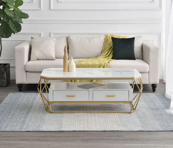 Coffee Accent Table with Drawers _ Faux Marble