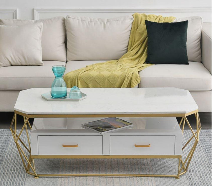 Coffee Accent Table with Drawers _ Faux Marble