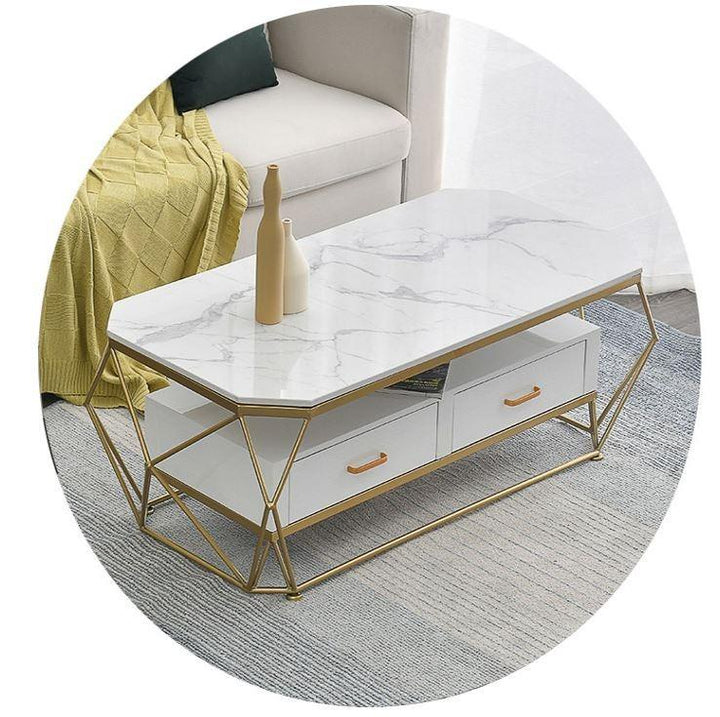 Coffee Accent Table with Drawers _ Faux Marble