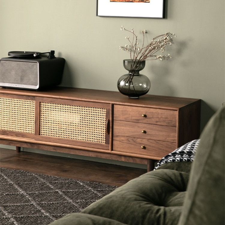 Rattan TV Console Solid Wood Stand Entertainment Unit