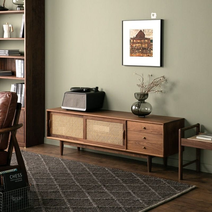 Rattan TV Console Solid Wood Stand Entertainment Unit