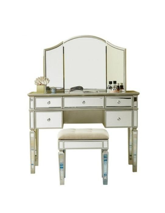 Mirrored Vanity Set, 5 Drawer Dresser Table, Mirror & Stool