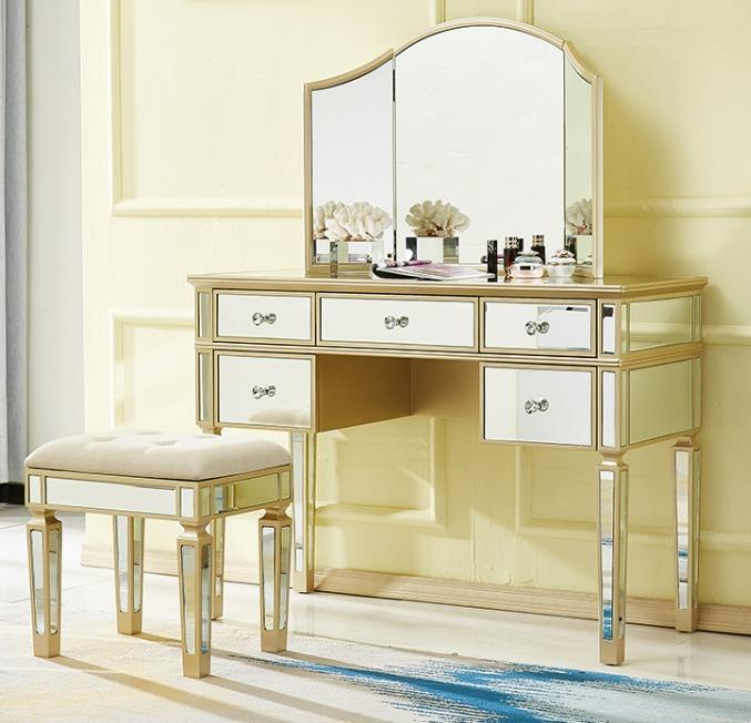 Mirrored Vanity Set, 5 Drawer Dresser Table, Mirror & Stool