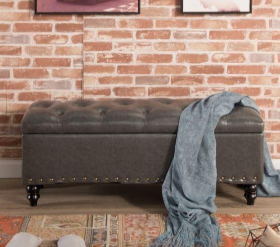 ORIANA Storage Ottoman Studded Bench_Faux Leather Upholstery
