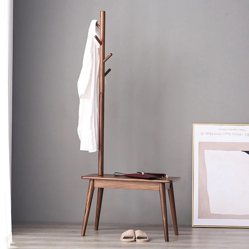 Solid Wood Coat Rack with Shoe Stool