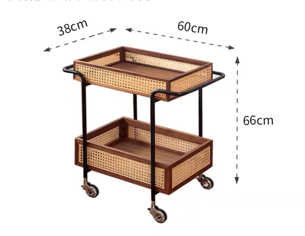 Wood Rattan Mesh Tray Rolling Cart