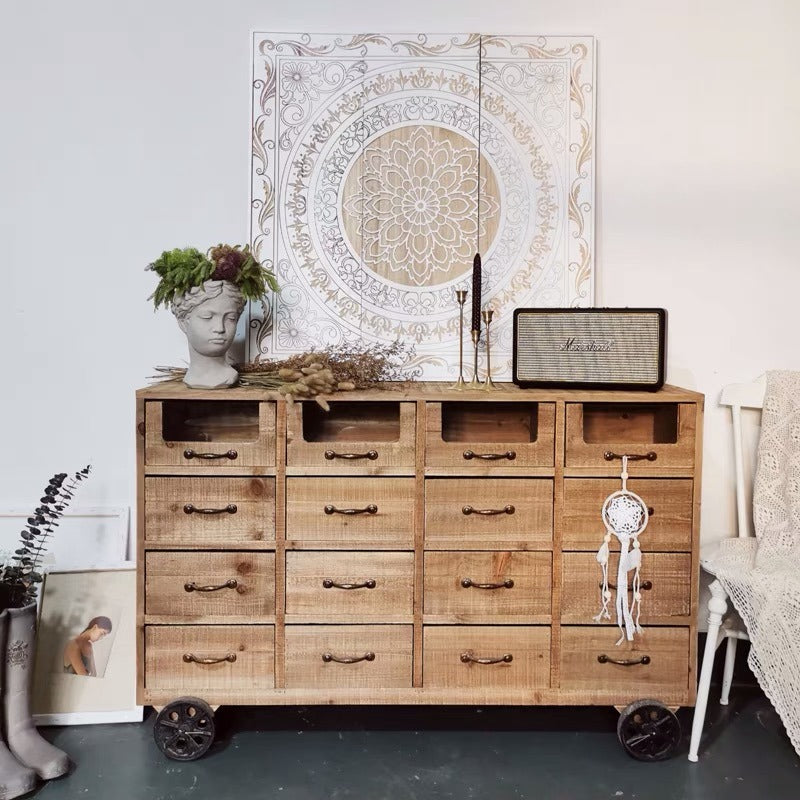 Rustic Wood Drawer Console Server Table With Wheel